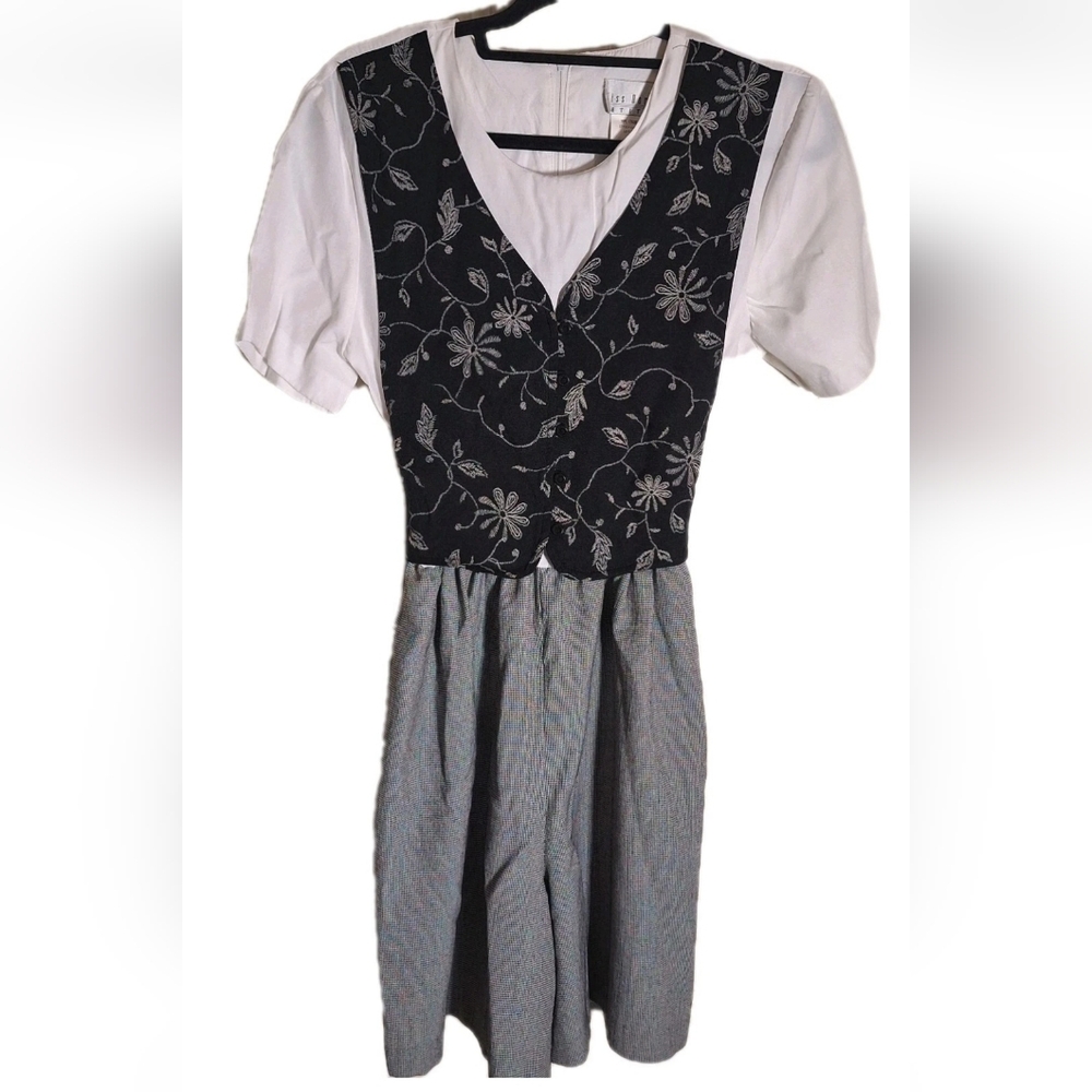 Vintage 90s Miss Dorby Womens 12P Black White Floral Vested Romper Tie Back